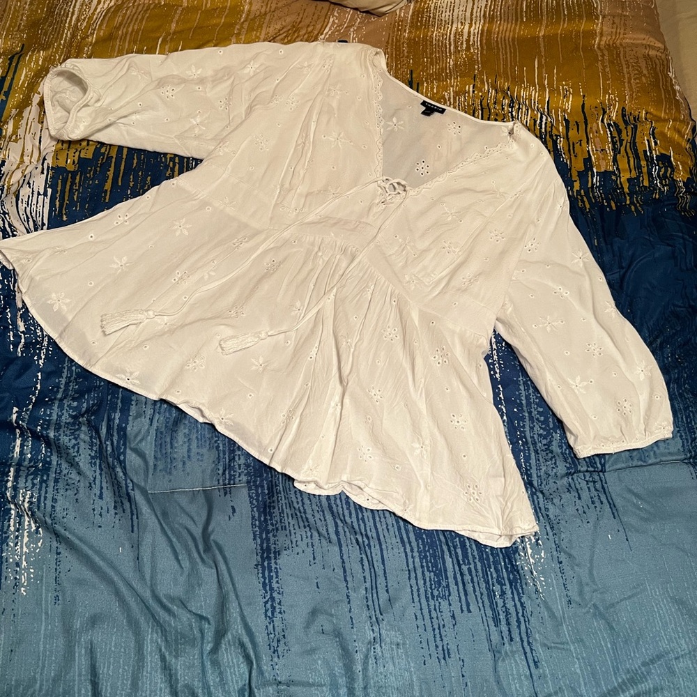Torrid White Asymmetrical Peplum Blouse with 3/4 Cuffed Sleeves